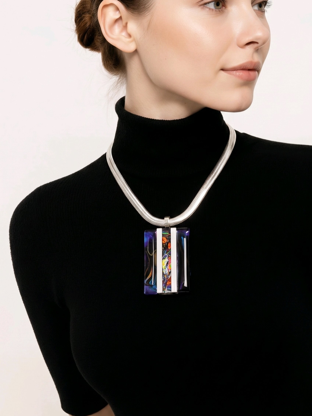 Multi Colored Resin Art Pendant W/Large Silver Plated Snake Necklace